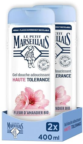 Le Petit Marseillais, Gel Douche Adoucissant Haute Tolérance Fleur d’Amandier Bio (lot de 2 flacons de 400 ml) – 98% d'ingrédients d'origine naturelle – Pour peaux sèches et sensibles