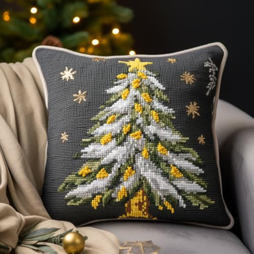Grey and Yellow Christmas Tree DIY Latch Hook Pillow with Printed Canvas Crochet Yarn Embroidery Cushion Handmade Hook and Latch Kit Pillowcase for Christmas Decoration 43x43cm(1)