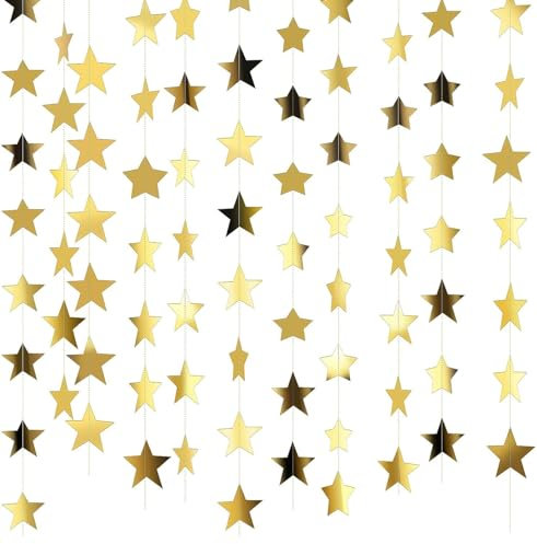 65 Feet Reflective Star Paper Garland,MUNSKT Sparkling Star Bunting Banner For Birthday Holiday Wedding Anniversary Theme Party Supplies,Hanging Decoration Twinkle Little Star Party Garlands(Gold)