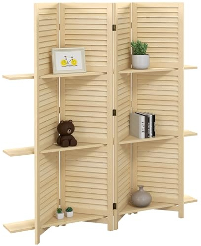 HOMCOM Skiljevägg, 4 paneler, 160 x 170 cm, 3 hyllor, vikbar, skiljevägg, dörr, paulowniträ, natur