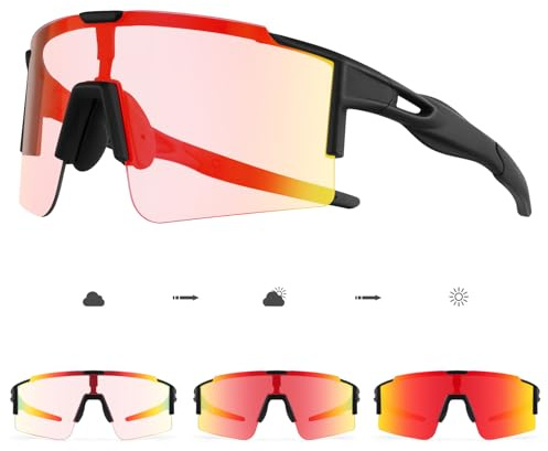 DUDUKING Fahrradbrille Selbsttönend Herren Damen, Sport Sonnenbrille Sportbrille Photochromatisch für rennrad MTB Baseball Laufen TR90 Rahmen UV400 Schutz (Rot)
