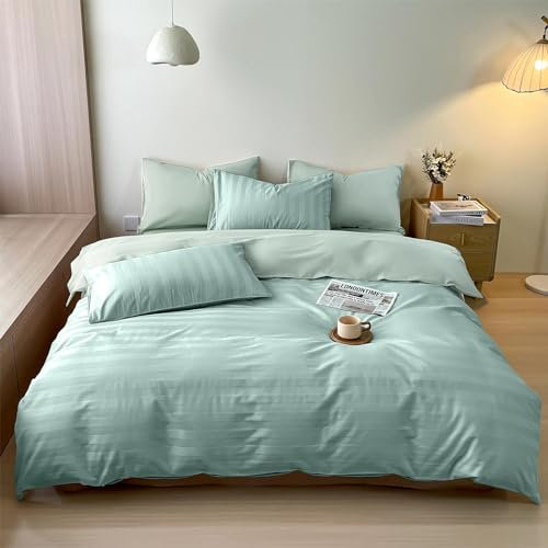 KEAYOO Ropa de cama de satén con rayas, de algodón, suave, transpirable y con cremallera (verde, 135 x 200 cm + 80 x 80 cm)