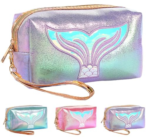 LUKIUP Meerjungfrau Kosmetiktasche Damen Klein,wasserdichte Mini Schminktasche, Kleine Organizer Tasche für Handtasche, Make-up und Kleinigkeiten, Süßes Geschenk für Mädchen und Frauen (Lila)