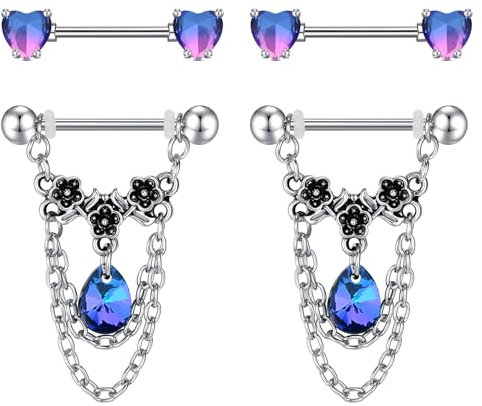 AVYRING 2 Paare Nippelringe, Silberne Nippel-Barbells mit blumenverzierten Kristallketten, Edelstahl-Nippelstäbe mit Herz-CZ, 14G Nippelpiercing-Schmuck für Frauen Liebhaber Valentinstag, Blau