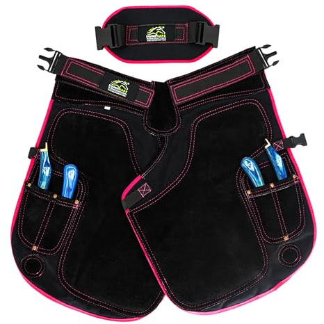 Equine Care Women’s Farrier Apron Chaps 23″ – Leather & Canvas, Adjustable 28–52″ Waist, EVA Padded Knees, Lumbar Support, 4 Knife Pockets & Nail Magnets for Hoof Trimming (Black with Pink Piping)