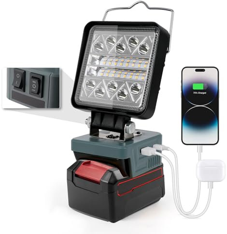 Battery Lamp for Einhell 18 V, Cordless Work Light with USB & Type-C Connection, 7-16.5 W 140° Rotating LED Spotlight, 6 Modes Brightness, Construction Site Lamp (700-1500 lm, 33 m Light Range,