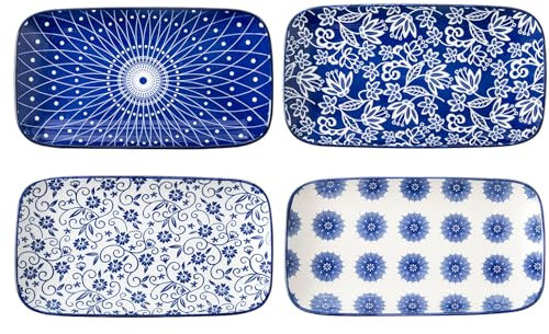 Cerkik Rechteckiges Servierteller-Set – 24,1 cm große, rechteckige Keramik-Dinner-Pasta-Dessertschalen für Sushi, Salat, Vorspeisen, ofen-, mikrowellen- und spülmaschinenfest, 4er-Set, Vintageblau