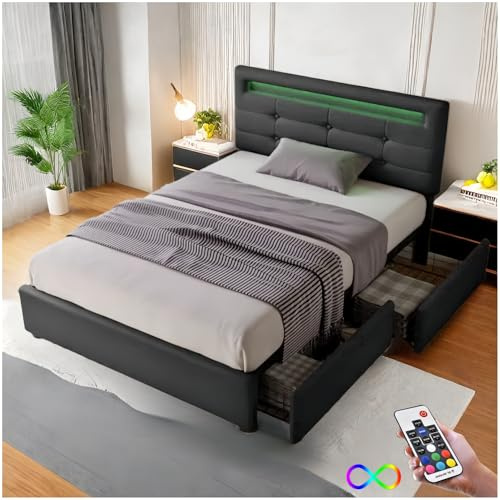 Sapgaks Bett mit LED-Beleuchtung und 2 Schubladen, gepolstertes Einzelbett 90 x 200 cm mit höhenverstellbarem Kopfteil, Bettgestell 90 x 200 cm mit Lattenrost aus Holz, Schwarz
