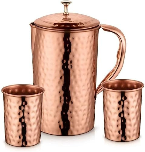 Copper Hammered Jug Set of 1 1500ml with Copper Hammered Glass Set of 2 300ml Reusable Hammered Design Water Pitcher with Lid