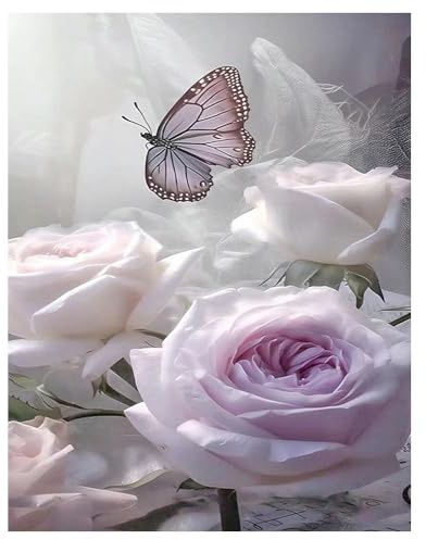 DCIDBEI Cuadro de Diamante de Flor de Lila Flores Rosa Púrpura 40x50cm Pintura Diamante Flor de Rosa Pintura Diamante Violeta Flores Mariposa Painting Flores Rosas Melancolía Noble Sueño Tranquilo