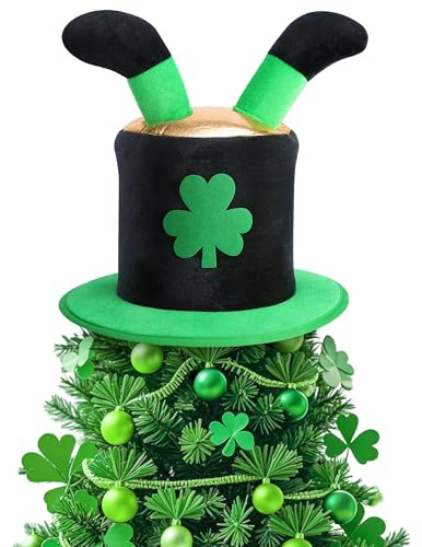 codree St. Patrick Day Tree Topper Hat, St. Patrick's Elf Legs Velvet Hat Tree Topper, Irish Green Shamrock Top Hat Tree Decoration for St. Patrick's Day Holiday Home Party Decor Fancy Dress Costume