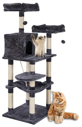 ULTINESS Katzen Kratzbaum Harry 146 cm Katzenbaum Kletterturm | Kletterbaum Aktivitätskratzbaum mit Sisal Säulen, Katzenspielzeug, Höhle, Plattformen, Hängematte/Liegemulde, dunkelgrau