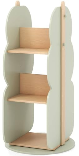 GYMAX 3-Tier Kids Bookcase, 360°Rotating Wooden Children Bookshelf with Side Hooks, Tree-shaped Toy Storage Organizer for Kid's Room Nursery Kindergarten