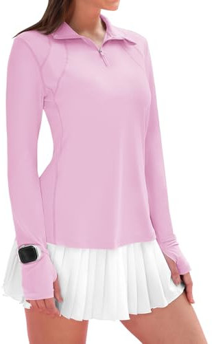 IECCP Golf Shirts for Woman Long Sleeve Quarter Zip Pullover Sun Protection Rash Guard Athletic Hiking Running Workout Tops UPF 50+ (Pink,S)