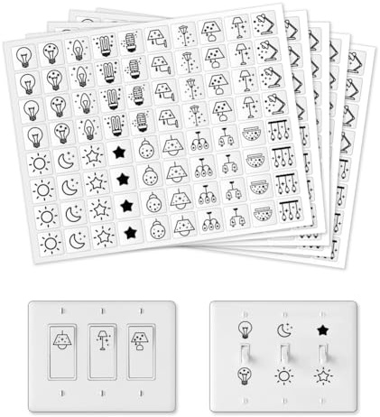 GOMAKERER 400 etiquetas adhesivas para interruptor de luz, 20 diseños, calcomanías transparentes de identificación de interruptor, calcomanías negras para el hogar, cocina, baño, oficina, escuela, 19