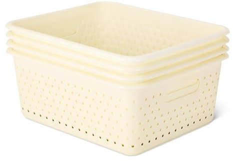 Amazon Basics Dekorative Aufbewahrungskörbe aus BPA-freiem Kunststoff, 34,8 cm x 29,0 cm x 13,5 cm, Elfenbeinfarben, 4er-Pack