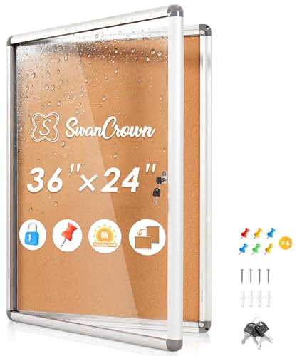 SWANCROWN Enclosed Bulletin Cork Board 36x24 in, Lockable Bulletin Board Tamperproof Wall Display Case for Office School Trade Community, Aluminum Frame