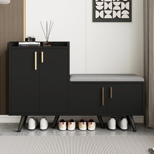 REXO Zapatero moderno de madera de nogal negro, equipado con cuatro puertas de almacenamiento, asas de metal asimétricas, B120/D34/H82