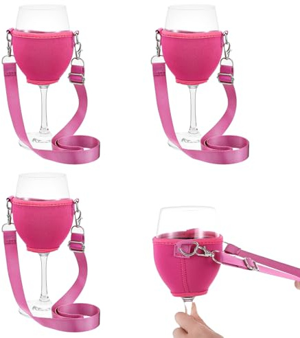 Classicseali 3 Stück Weinhalter zum Umhängen, Weinglas zum Umhängen, Weinglashalter mit Band, Tragbarer Weinglashalter für den Hals für Weihnachten, Geburtstag, Party (Rosa)