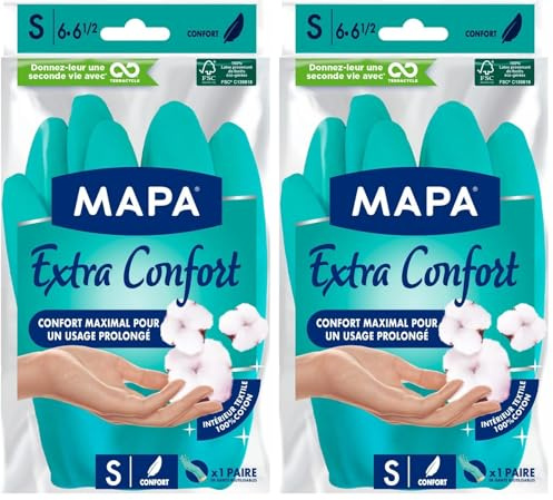 Spontex MAPA - Extra Confort - Gants de Ménage en Latex Doublure Textile 100% Coton - Confortables et Résistants pour un usage prolongé - 1 paire - Taille S (Lot de 2)