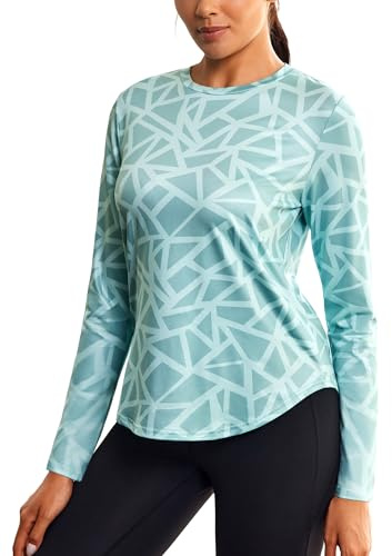 PINSPARK Damen Langarm Sportshirt Print mit Seitlich Geschwungenem Saum | Ultraleicht ISCC PLUS Laufshirt, Rundhals, Schnelltrocknend Atmungsaktiv, Geometrischer Print, Yoga Fitness Pilates