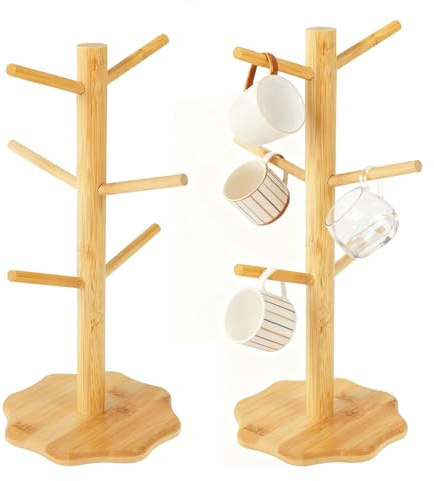 2 stycken kringelstativ, stolpstativ, höjd 34,5 cm, koppställ trä med 6 krokar och förtjockad bas, kringla hållare av trä i trädform för kringelådor munkar korv kök kaféer