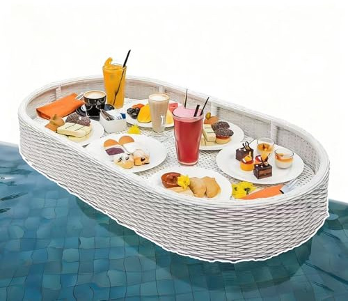 Plateau Flottant pour Piscine (100 × 50 × 20 Cm), Plateau De Service en Rotin Tressé, avec Poignées, Tissage Manuel, Cadre en Aluminium Et Résistant À La Déformation, pour Fêtes,White