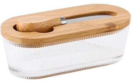 Butter Dish Burriera decorativa in vetro trasparente con coperchio, contenitore da cucina, può contenere 1 bastoncino, per decorare il piano di lavoro della cucina.(Stripe)