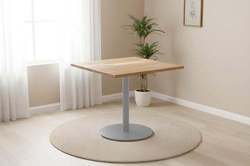SAM Bistrotisch Emile | 80 x 80 cm rund | Akazienholz massiv | Farbe: Natur | runde Kante | silbernes Säulengestell aus Metall | Säulentisch/Esstisch für Küche, Café & Essbereich