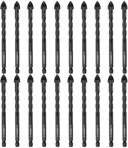 QUARKZMAN 20 pz Punta Da Trapano Per Muratura, 10mm Punta Da Trapano Per Cemento 1/4 Codolo Esagonale Punta Per Piastrelle Carburo Per Mattone, Vetro, Plastica, Piastrelle, Nero