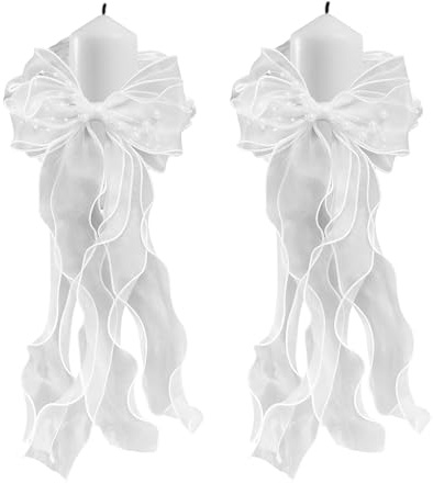 Editbar 2 Stück Tropfschutz für Kommunionkerze & Taufkerzen – Weißer Tropfenfänger Kommunionkerze mit Schleife, Organza und Lockenbändern, Kerzenrock Kerzentuch Tüll für Kommunion, Taufe und Hochzeit