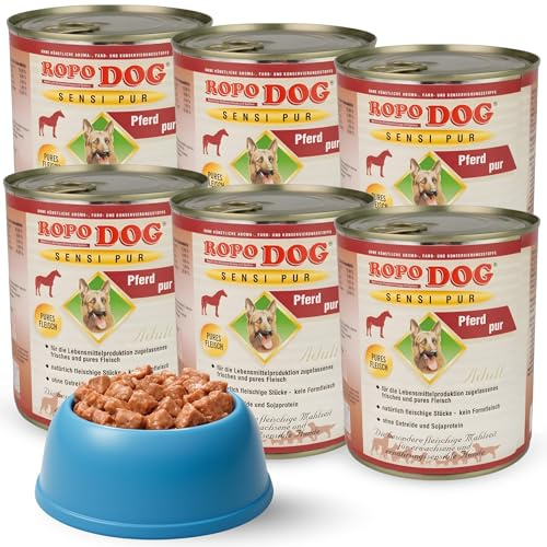 ROPODOG Hundefutter Nassfutter 6×800 g für Erwachsene Hunde Aller Rassen Premium Qualität getreidefrei, proteinreich, gut verträglich – Vollnahrung im Vorratspack (Sensi Pur Pferd)