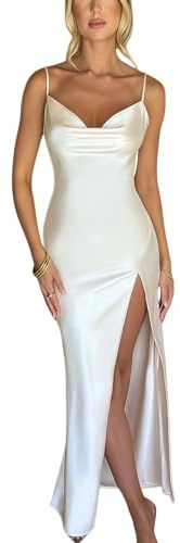 Women's Satin Bodycon Dress Cowl Neck Spaghetti Strap Sleeveless High Slit