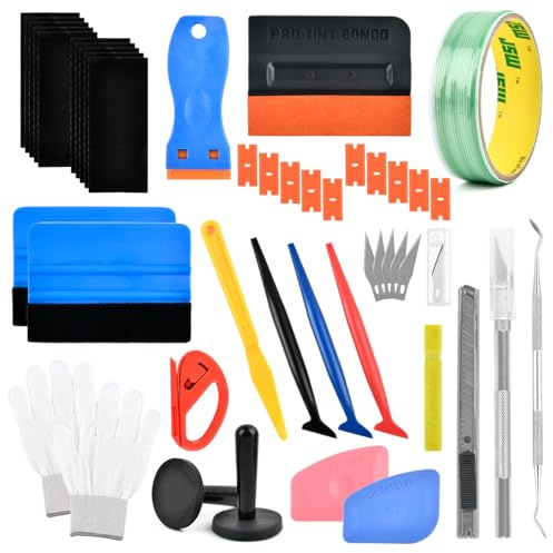 53PCS Vinilos Herramientas para Envolver Coche, Vinilo Coche Vinilo Cristal Coche,Vinilos Adhesivos, Cinta Sin Cuchilla de 5M, Raspador, Racletta de Fieltro, Herramientas para Aplicación de Película