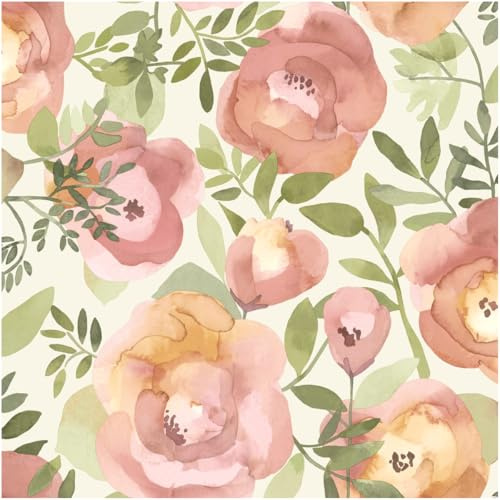 Full Roll Watercolour Floral Wallpaper – Soft Peach and Pink Botanical Flower Design with Green Leaves – Elegant Nature Inspired Decorative for Living Room, Bedroom or Feature Wall