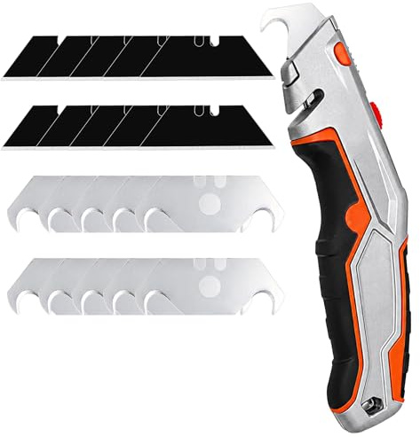 Cutter de Sécurité à Lame Rétractable en Aluminium, Rangement Intégré, 10 Lames Trapézoïdales Noires et 10 Lames à Crochet, Cutter Ouverture Carton, 170 mm