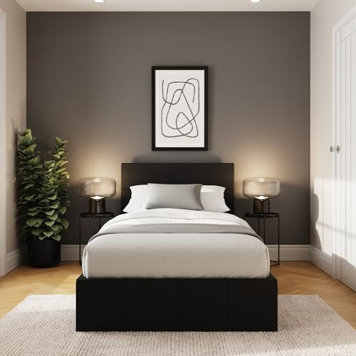 GFW End Lift Single Black Upholstered Fabric Ottoman Bed Frame, Storage Bed with Hydraulic Lift and Stitched Headboard