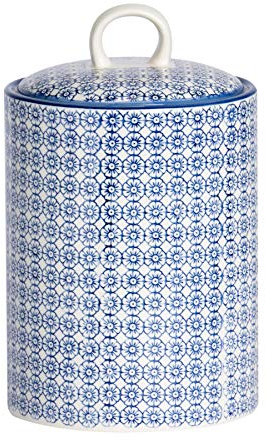 Nicola Spring Patterned Kitchen Canister - 15.5cm - Navy Porcelain Hand Printed Kitchen Storage Jar Airtight Biscuit Barrel for Biscuits, Oats, Tea, Coffee
