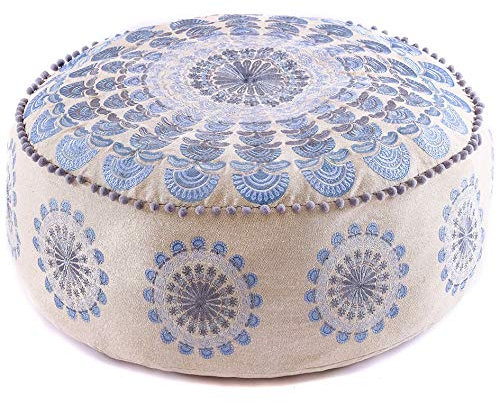 Mandala Life ART Blauer Pouf Rund Mit Ponpon Sitzpouf Groß Dekorist Cozy Groß Bodenkissen Boho Haustierbett Orientalische Sitzecke 100% Baumwolle Ungefüllt 60X20Cm