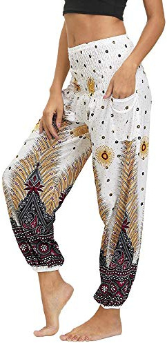 Nuofengkudu Donna Harem Hippie Pantaloni con Tasche Boho Print Vita Alta Larghi Leggeri i Yoga Pants Estivi Spiaggia (Blanc Paon,Taglia Unica)