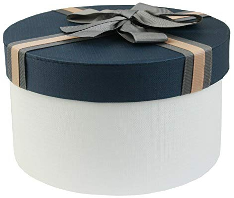 Emartbuy 17 x 9,5 cm rund presentask, vit låda med blått lock och randigt brunt band