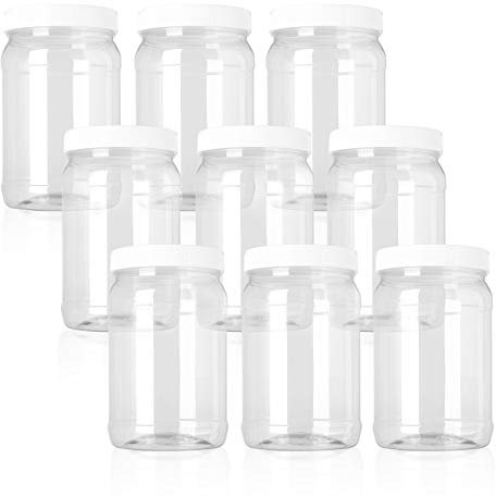 Fasmov 9 Pack 32 Oz Plastic Jars with Lids, Wide Mouth Clear Empty Plastic Storage Containers for Crafts, Dry Food, Peanut Butter, Honey and Jam Storage