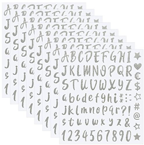 Glitzer Buchstaben und Zahlen Aufkleber - 8 Blätter 640 Stück Alphabet Nummer Wasserdicht Selbstklebend für Briefkasten, Kappe, Haus, Geschäft, Adressnummer (Silber)