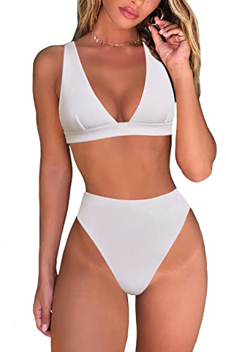 Fatty Tiger Bikini da Donna a Vita Alta Perizoma Sexy Brasiliano Triangolo Superiore Profondo Scollo a V Due Pezzi Costumi da Bagno, Bianco, M