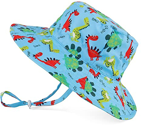 LACOFIA Kleinkind Baby Sonnenhut Kinder Jungen Sommer Mütze UPF 50+ Hut für Strand Schwimmen Schwimmbad Breiter Krempe/Schnell Trocknend Dinosaurier Hellblau 6-24 Monate
