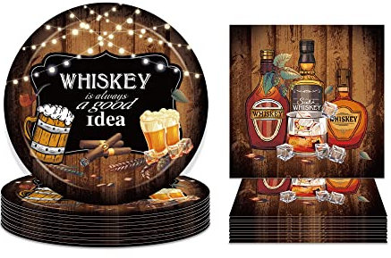 Whiskey Party Plates and Napkins for 24 Guests 64 Pcs Aged To Perfection Party Supplies Disposable Tableware Set Whiskey Paper Plates Napkins for Whiskey and Beer Theme Birthday Party Supplies