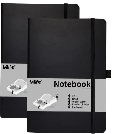 Mlife A5 Anteckningsbok, 2-Pack, 192 Sidor, 80 G/M² Tjockt Bläckresistent Papper, Anteckningsbok Med Hårt Polyuretanomslag, Innerficka, Elastiskt Band, Bullet Journal & Dagbok(Svart)