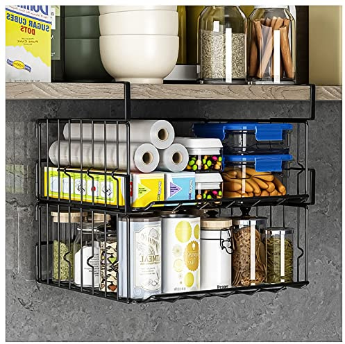Under Shelf Basket Storage 2Pack - 11.8in Metal Under Cabinet Shelf, Hanging Wire Basket Shelves, Undershelf Storage Basket for Kitchen Pantry Bookshelf