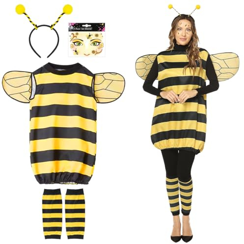 Sprinlot Déguisement Abeille Adulte, Jaune Robe Rayée M, Abeille Bandeau, Ailes Costume d'Abeille Femme, Abeille Costumes pour Carnaval Cosplay Animaux Fête