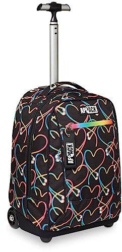 Appack Trolley, 2 in 1, Schulranzen mit Rollen, Rucksack mit Trolleyfunktion für Kinder, ab 1. Klasse, für Schule, Reisen, Mädchen&Jungen; schwarz/herzen